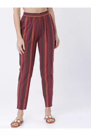 Maroon red Pure cotton straight fit scallop pant | Kiran's Boutique