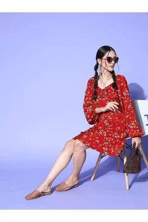 Berrylush Women Gorgeous Red Floral Printed Bustier A-Line Dress