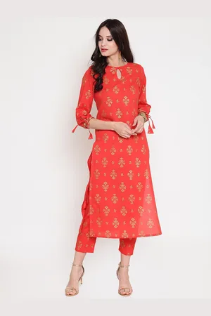 Sera Women Red & Gold-Toned Printed Straight Kurta