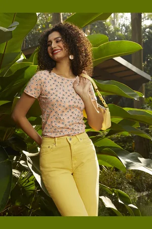 MANGO Women Peach-Coloured & White Floral Print Pure Cotton T-shirt
