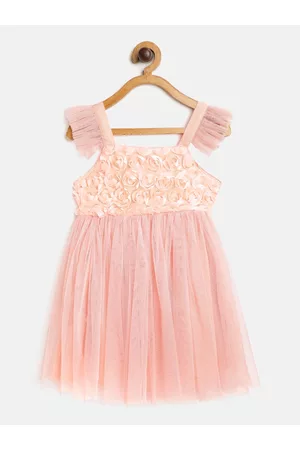 Bella Moda Girls Peach-Coloured Floral Embellished Fit and Flare Dress with Tie-Ups