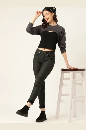 DressBerry Women Grey Solid Crop Sweatshirt