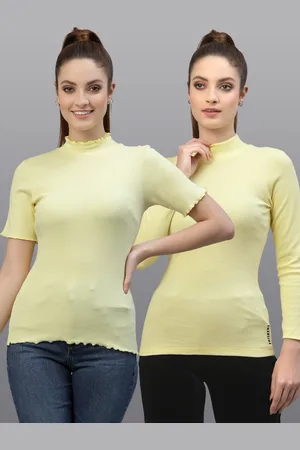 Friskers Women Yellow High Neck Ribbed Top Pack Of 2