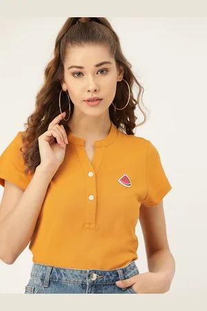 DressBerry Women Mustard Yellow Solid Mandarin Collar T-shirt
