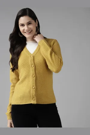Cayman Women Mustard Yellow Self Designed Striped Cardigan Sweater