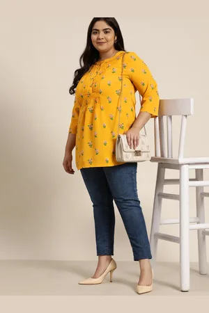 Sztori Women Plus Size Mustard Yellow Floral Print Pleated Kurti