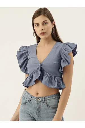 Campus Blue Solid Ruffled Crop Top with Flutter Sleeves