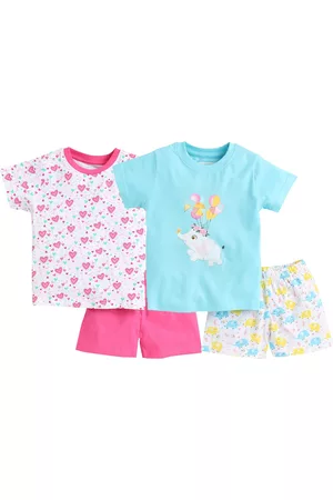 BUMZEE Girls Pack Of 2 Pink & White Printed Pure Cotton T-shirt with Shorts