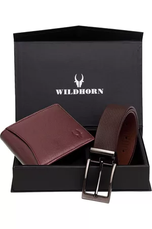 WildHorn Men Maroon & Brown RFID Protected Genuine Leather Accessory Gift Set