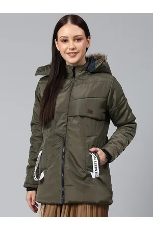 Campus Women Olive Green Windcheater Longline Padded Jacket