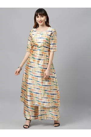 Ethnovog Women Beige Blue Dyed Made To Measure A-Line Kurta with Palazzos