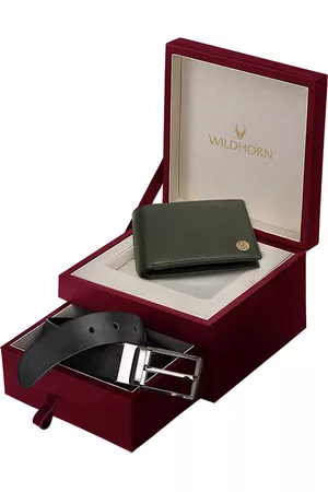 WildHorn Men Green & Black Genuine Leather RFID Protected Wallet & Belt Combo Gift Set