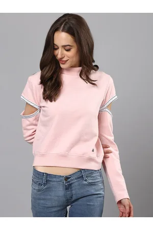 Campus Women Pink Solid Cut-Out Sleeve Pull Over Sweatshirt