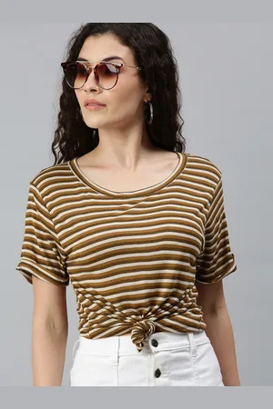 Campus Beige and Brown Striped Pure Cotton Regular Top