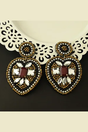 justpeachy Gold-Toned & Maroon Heart Shaped Drop Earrings
