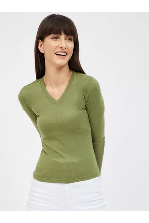 Harpa Women Olive Green V-Neck Pockets T-shirt