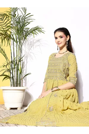 Kvsfab Yellow Ethnic Motifs Embroidered Maxi Dress