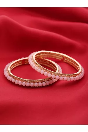 Priyaasi Set of 2 Pink Gold-Plated Stone-Studded Beaded Handcrafted Bangles