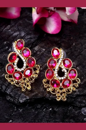 ANIKAS CREATION Gold-Plated & Magenta Contemporary Drop Earrings