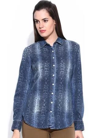 Tokyo Talkies Women Blue Printed Denim Casual Shirt
