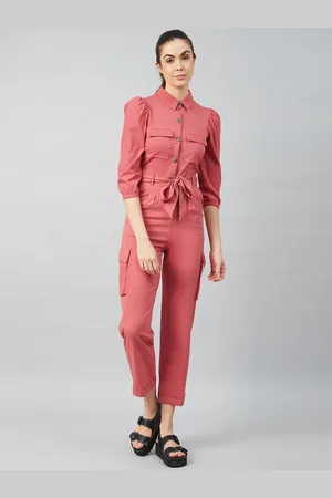 ATHENA Women Pink Solid Tie-Up Basic Jumpsuit