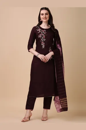 Berrylicious Women Magenta Embroidered Chanderi Cotton Kurta with Trousers & Dupatta