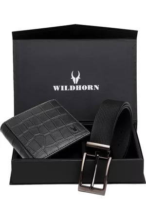WildHorn Men Black RFID Protected Genuine Leather Accessory Gift Set
