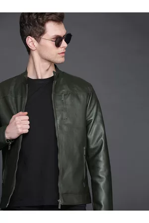 WROGN Men Olive Green Solid Slim Fit Biker Jacket