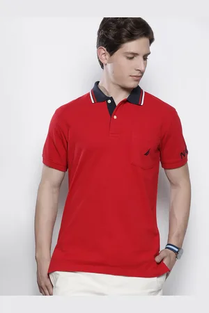 Nautica Men Red Solid Contrast Polo Collar Pockets Pure Cotton T-shirt