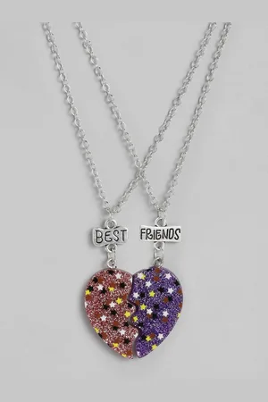 EL REGALO Set of 2 Orange & Purple Heart Shaped Best Friends Glitter Link Necklace