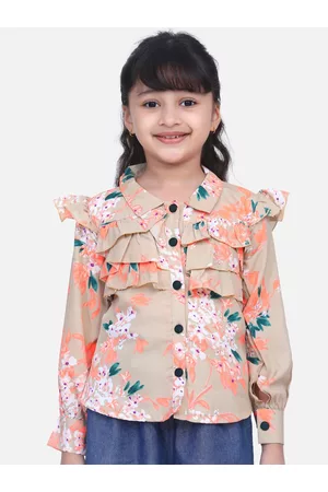 Cutiekins Girls Beige & Orange Regular Fit Floral Print Casual Shirt