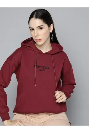 Chemistry Women Maroon Embroidered Hooded Sweatshirt