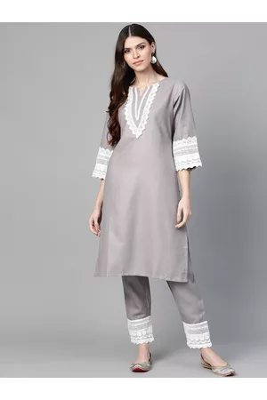 Bhama Couture Women Grey Solid Kurta & Trousers With Lace Insert Detail