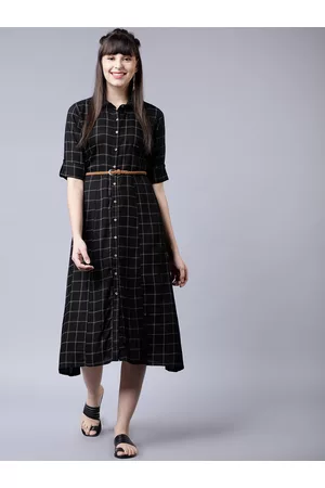 Vishudh Black & White Checked Shirt Dress With Belt
