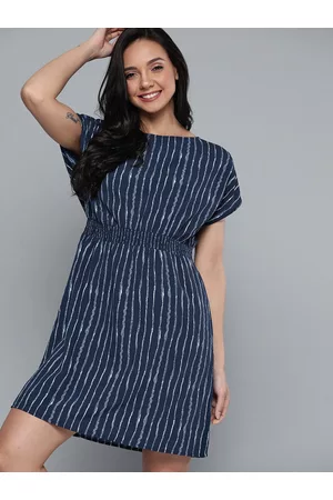 Mast & Harbour Women Navy Blue & White Striped A-Line Dress with Smoking Detail