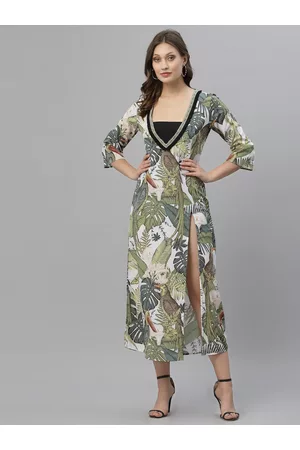 KASSUALLY Women Olive Green & White Printed Longline Shrug