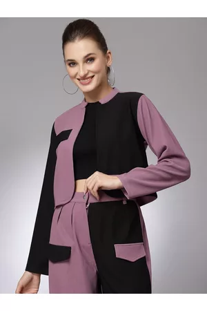 KASSUALLY Women Mauve Black Colourblocked Open Front Jacket