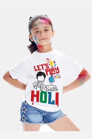 BONKIDS Girls White Lets Play Holi Printed T-shirt