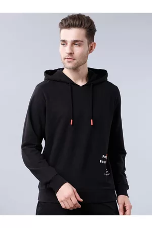 LocoMotive Men Black & Off-White Printed Hooded Sweatshirt