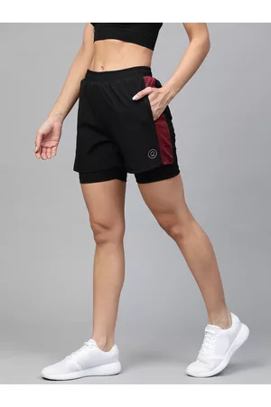 CHKOKKO Women Black Side Panelled Regular Fit Double Layered Running Shorts