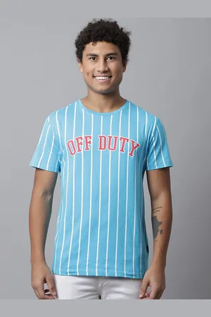 DOOR74 Men Blue Typography Striped Cotton T-shirt