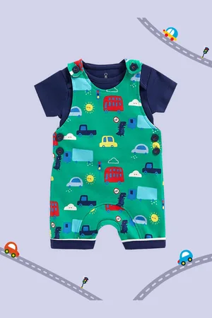 Mothercare Boys Green & Blue Printed Pure Cotton Half Sleeves Dungaree