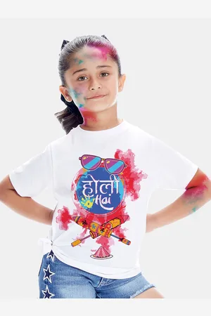 BONKIDS Girls White Holi Hai Holi Printed Cotton T-shirt