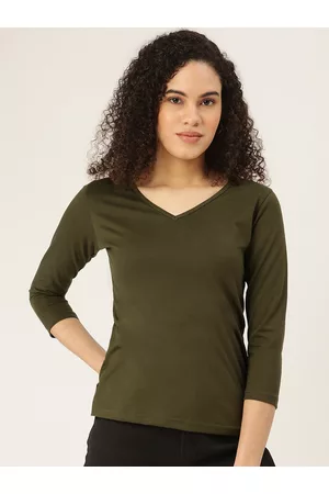 BRINN Women Olive Green V-Neck T-shirt
