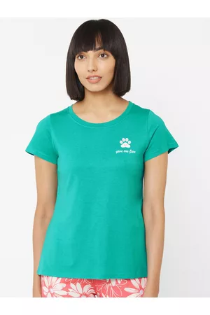 Soie Women Teal Green Paw Printed Lounge T-Shirt