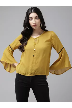 Cayman Mustard Yellow Tie-up Neck Bell Sleeves Regular Top