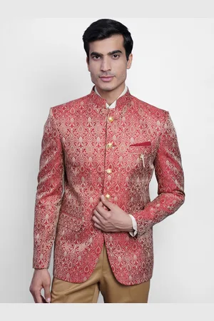 Wintage Men Red & Silver-Coloured Woven-Design Banarasi Bandhgala Party Blazer