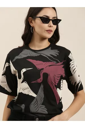 Difference of Opinion Women Black Conversational Printed Pure Cotton Oversized T-shirt