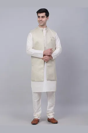 Jompers Men Off-White Solid Kurta with Churidar with Waistcoat