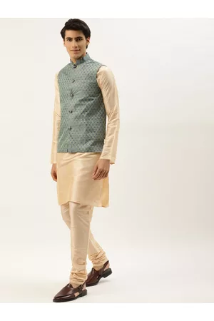 SOJANYA Men Beige & Blue Kurta with Churidar